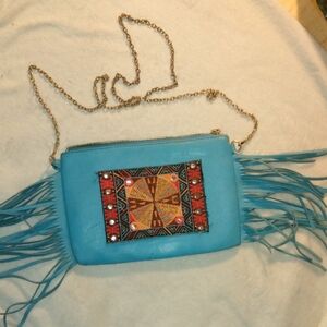 VIETA Fashion Turquoise Crossbody Bag with Fringe and Chain Strap